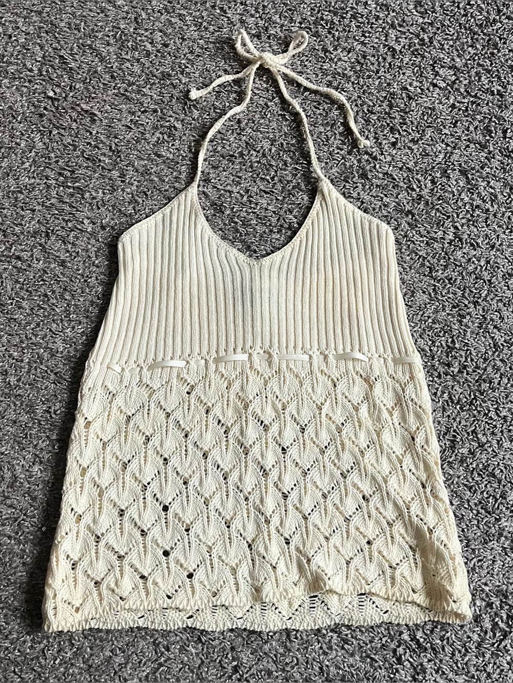 Vintage Y2K Wet Seal Crochet Knit Cream Halter Top Boho Beach Festival Ethereal